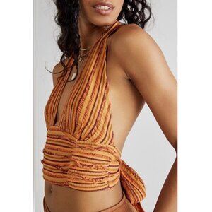 FREE PEOPLE Forever Mine Halter Top in Malibu Orange Stripe Medium Boho Festival